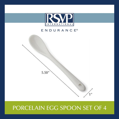 RSVP International Poached Egg Spoon, 4 Piece Set Multipurpose Use for Serving Jam, Honey or Soft Boiled Eggs, 5.5" Length, White Porcelain...