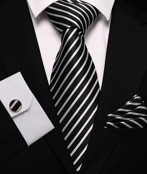 Classic Strip Mens Ties Set Silk Necktie Pocket Square Cufflinks Set Gift Set...