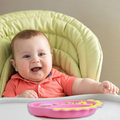 Suction Plates for Baby,Silicone Toddler Plates with Spoon Fork set Divided Dinosaurs Plates Self Feeding Training Baby Dinner Plate-Pink Dinosaur...