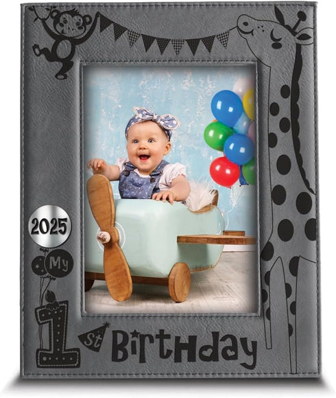 BELLA BUSTA- My first Birthday Picture Frame- Baby's First Birthday Frame- Engraved Leather Picture Frame(5 x 7 Vertical)...