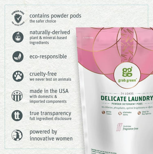 Grab Green Natural Delicate Wash Laundry Detergent Pods, Fragrance Free, Unscented/Free & Clear, 24 Loads...