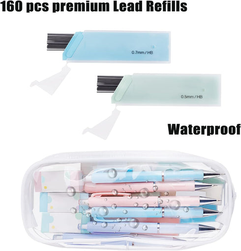 6 Pcs Cute Pastel Mechanical Pencil, Drawing Pencil 0.5 0.7 MM, 160 HB Lead Refills, Aesthetic Clear Pencil Pouch, 3 Pack Erasers, Colored Pencils...