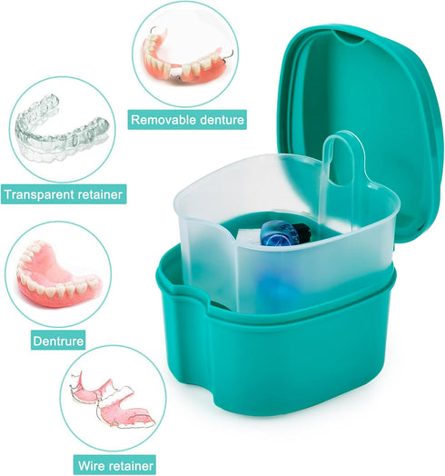 2 Pack Color Retainer Cleaner Case Denture Cups for Soaking Dentures, False Teeth Container Partial Denture Cleaning Case with Lid Travel - Lake G...