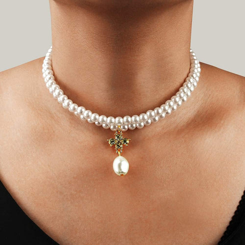 Dainty Boho Simple Chunky Rhinestones Pearls Short Cross Choker Necklace Chain Multilayer Choker Pearls Cross Pendant Necklaces Prom Party for Wom...