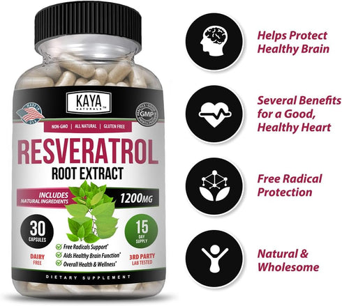 Kaya Naturals - Resveratrol Capsules - Anti Aging Supplement - Antioxidants with Brain Support - Maximum Benefits - 30 Veggies Capsules...