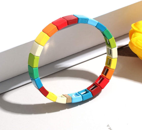 LENOOCLE Rainbow Enamel Tile Bracelet Colorful Enameled Beaded Stretch Bracelet Stackable Color-Block Strand Bracelet Set for Women Men...