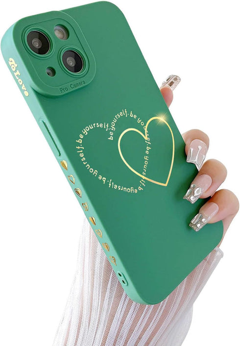 for iPhone 14 Plus Case for Women Girls Cute, Gold Plated Letter Double Heart Case Soft Shockproof, Full Camera Lens Protective Phone Cases for iP...