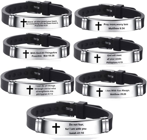 Inspirational Quote Cross Bracelets Faith Christian Bible Verse Silicone ID Wristband Religious Gifts for Men Women Boys Girls Stainless Steel Rub...