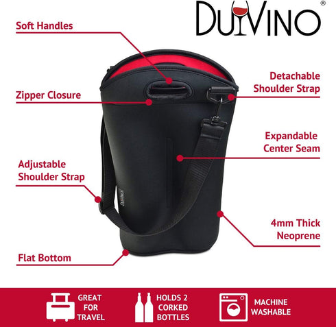 2 Bottle Wine Carrier Travel Bag - Thick Insulating Neoprene Wine Tote- Expandable 2 Bottle, Taller Design - Zipper Closes over Corked Bottles, Ad...