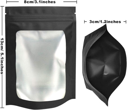 100 Pack Stand-Up Mylar Bags - 3.1 x 5.1 Inch Resealable Smell Proof Bags with Clear Window Foil Pouch Bags Flat Bag Matte Black...
