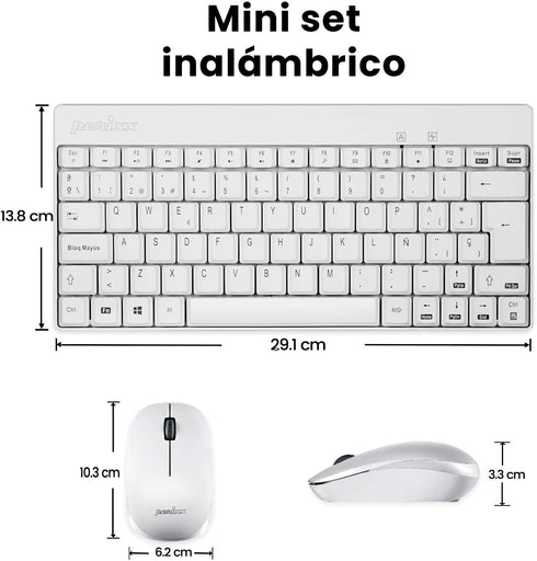Perixx PERIDUO-712WES Mini Pack de Teclado y Ratón Inalámbrico Combo - Color Blanco - Español QWERTY...