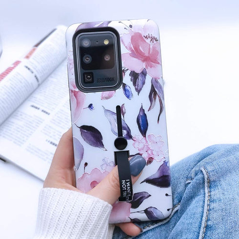 Compatible with Samsung Galaxy S20 Ultra Case Finger Grip,3D Embossed Pink Flowers White Shell Design, Rugged Shockproof Slim Fit Dual Layer Finge...