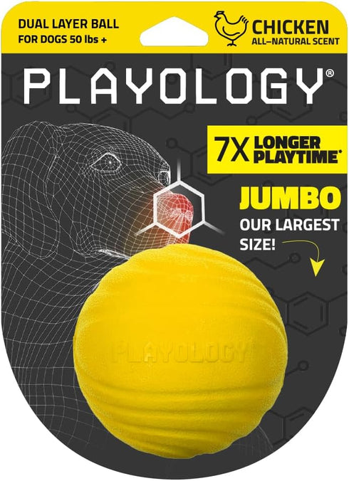 Playology Dual Layer Ball for Dogs | Engaging All Natural Chicken Scented Yellow Dog Toy | Jumbo Sized Chew Ball for Large to X-Large Dogs (50 lbs...