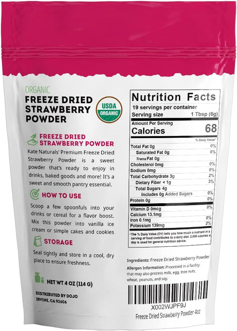 Kate Naturals Freeze Dried Strawberry Powder for Baking, Camping & Drinks. Natural Strawberry Flavoring for Cakes, Icing & Smoothies (4 oz, Organi...