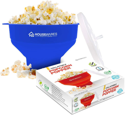 Collapsible Silicone Microwave Hot Air Popcorn Popper Bowl With Lid and Handles - Blue...