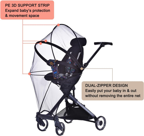 Stroller Mosquito Net Cover, High Density Bug Net Cover with Dual Zippers Universal & Breathable Insect Net for Strollers with Pushing Bar (Black)...