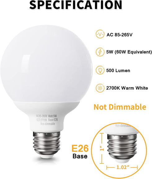 4 Pack Warm White LED Globe Light Bulbs for Bathroom, 120V 60 Watt Eqv., E26 Medium Base, Not Dimmable Vanity Light Bulbs Round, 2700K G25 LED Bul...