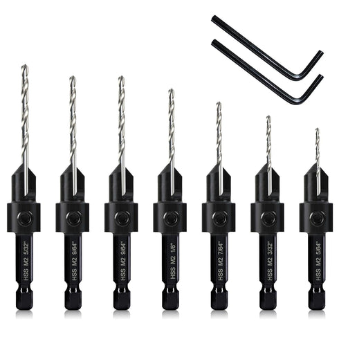Countersink Drill Bit Set, 7-Piece Woodworking M2 Countersink Drill Bits for #4, 6, 8, 10, 12, 14 Screws, 82-Degree Chamfer, ¼” Hex Shank, 2 Allen...