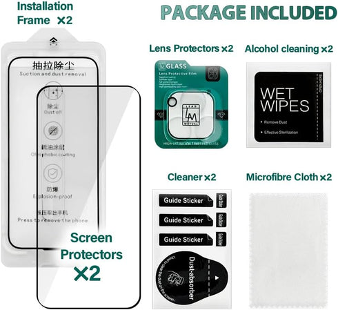 iPhone 15 Pro Max Screen Protector Glass with Camera Protector Bundle - 2 Glass Screen Protectors, 2 Lens Protectors, 2 Installation Frames, Milit...
