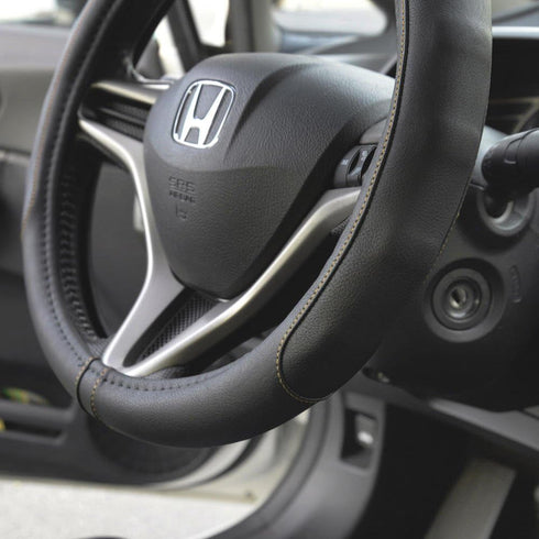 Motor Trend GripDrive Pro Synthetic Leather Auto Car Steering Wheel Cover Black w/ Beige Accent Stitching Comfort Grip - Small 13.5 to 14.5 inch -...