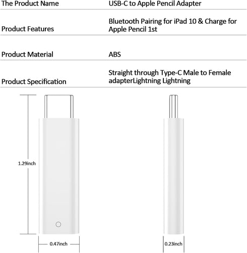 USB C to Pencil 1st Gen Adapter for iPad 10th Generation Male USB-C to Female Charging Adapters Bluetooth Pairing for iPad 10th Pencil Charging Co...