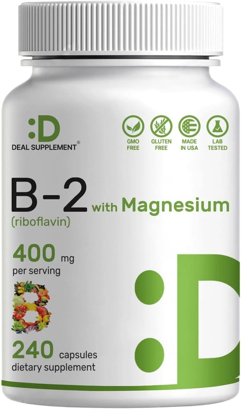 DEAL SUPPLEMENT Vitamin B2 400mg (Riboflavin) | with Magnesium Glycinate 400mg, 240 Capsules – 2 in 1 Support Healthy Nervous System, Mood, Blood ...