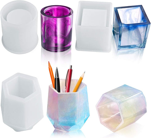 3 Pcs Cup Resin Silicone Mold, Kalolary Makeup Brush Holder Organizer Cylinder Craft Epoxy Mold, DIY Flower Planter Pot Molds, Cup Mold, Pen Holde...