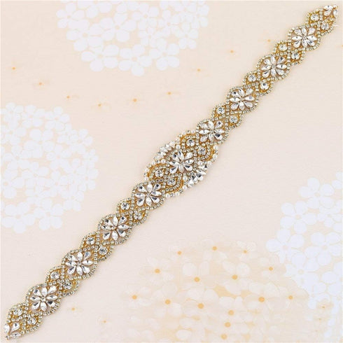 Gold Rhinestone Belts Crystal Wedding Dress Sash Applique with Beaded Jeweled Sequin Diamond Embellishments Hot Fix Iron on for Bridal Bridesmaid ...