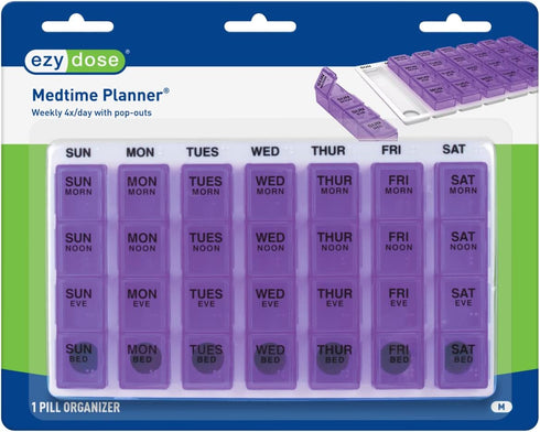 EZY DOSE Weekly (7-Day) Pill Case, Medicine Planner, Vitamin Organizer Box, Medium Pop-Out Compartments, 4 Times a Day, Easy to Use, Colors May Va...