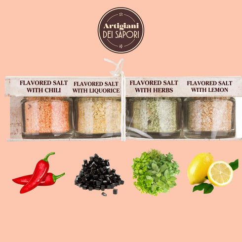 4 Flavor Pack, Infused Sicilian Salts "Sali Aromatizzati", Flavored Salt with Liquorice, Herbs, Lemon, Chili, Artigiani di Sapori, Italian Gifts...