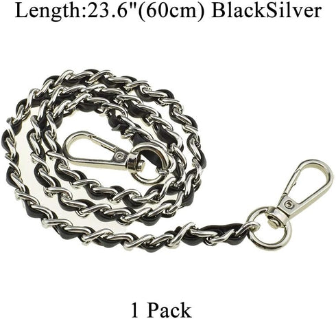 HAHIYO Mini Purse Chain Strap Slim Wide 8mm for LV Length 23.6 inches Extra Thick 4.5mm Black Leather Silver Hardware for Shoulder Cross Body Slin...