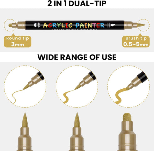 Black White Silver Gold Paint Marker, 8 Pack Dual Tip Acrylic Paint Pens with Medium Tip and Brush Tip, Ideal for Wood, Rock Painting, Canvas, Sto...