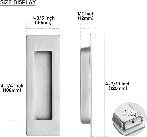 Ravinte 1 Pack Brushed Nickel Sliding Closet Door Handles Silver Flush Pulls 4.72in Length Recessed Finger Pulls for Sliding Barn Door Sqaure Cabi...