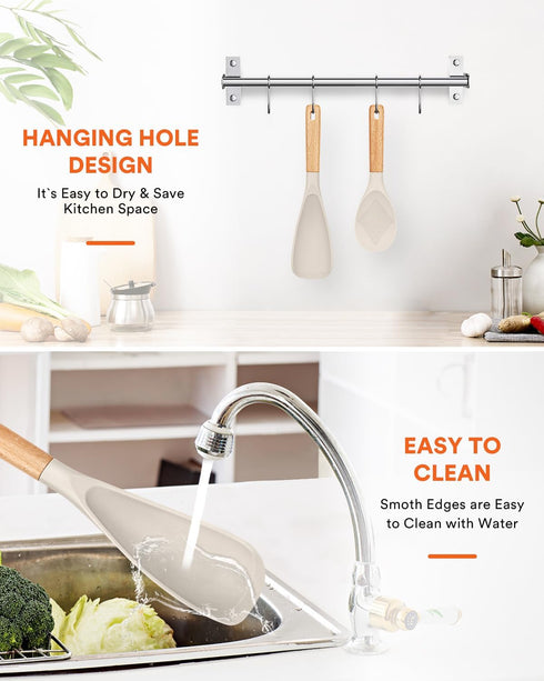 Cooking Spoon and Rice Scooper for Nonstick Cookwares, Great for Cooking and Serving Durable BPA-Free Matte Silicone, Wood Handle Spoon for Mixing...