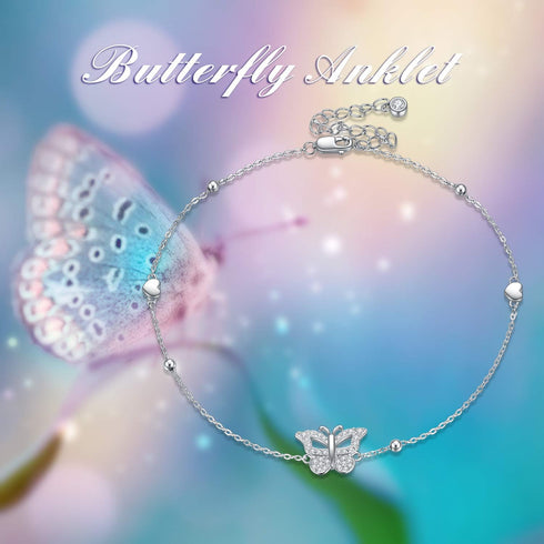 Butterfly Anklet Adjustable Foot Anklet S925 Sterling Silver Butterfly Anklet Foot Anklet Jewelry Gifts for Women Sister Christmas Birthday Valent...
