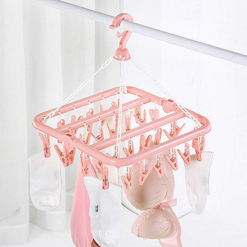 SteelFever Clothes Drying Hanger with 32 Clips, Foldable Hanging Drying Rack for Clothes Underwear Socks (Light Pink)...