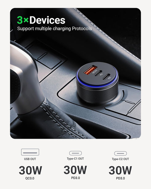 USB-C Car Charger, 3-Port 90W Fast Car Charger, Dual USB-C & USB-A Car Power Adapter, PD3.0 & QC3.0 Fast Charging for iPhone 15/14/13 Pro Max, iPa...