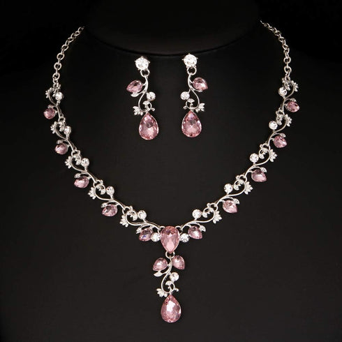 Leaf Vine Crystal Necklace Earrings Jewelry Set for Bridesmaids V-Neck Formal Evening Dress...