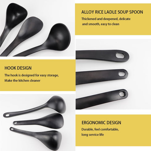 DOERDO 3Pcs Rice Paddle Spoon Soup Spoon Non Stick Rice Scooper Cooking spoon for Rice Soup Potato, Black...