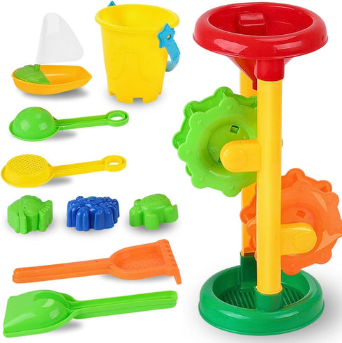 Liberty Imports Double Sand & Water Wheel Tower Beach Toy Set w/Built-in Funnel, Sieve, Bucket, Shovel, Rake, Animal Molds for Kids, Toddlers Play...