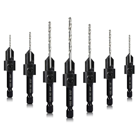 Countersink Drill Bit Set, 7-Piece Woodworking M2 Countersink Drill Bits for #4, 6, 8, 10, 12, 14 Screws, 82-Degree Chamfer, ¼” Hex Shank, 2 Allen...