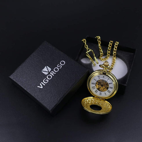 VIGOROSO Vintage Hand Wind Up Pocket Watches for Men, Mechanical Pocket Watch with Chain, Mens Skeleton Pocketwatch...