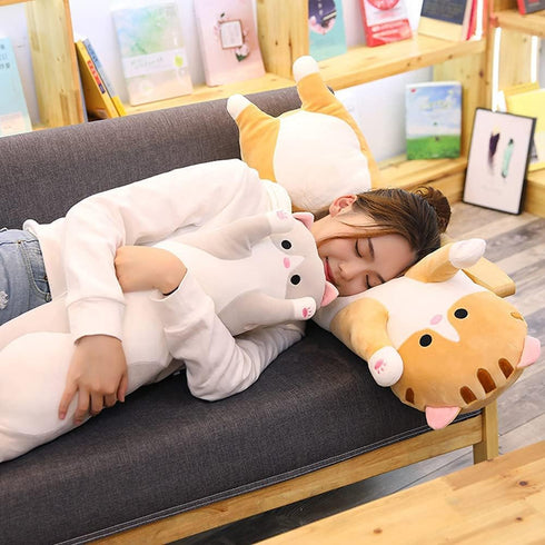 Cute Cat Plush Long Body Pillow Cuddle Cartoon Stuffed Animals Cat Plushie Soft Doll Pillows Gifts for Kids Girls (Gray, 19 Inches), 1 Count (Pack...