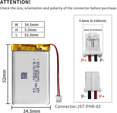 EEMB 3.7V Lipo Battery 950mAh 503450 Lithium Polymer ion Battery Rechargeable Lithium ion Polymer Battery with JST Connector Make Sure Device Pola...