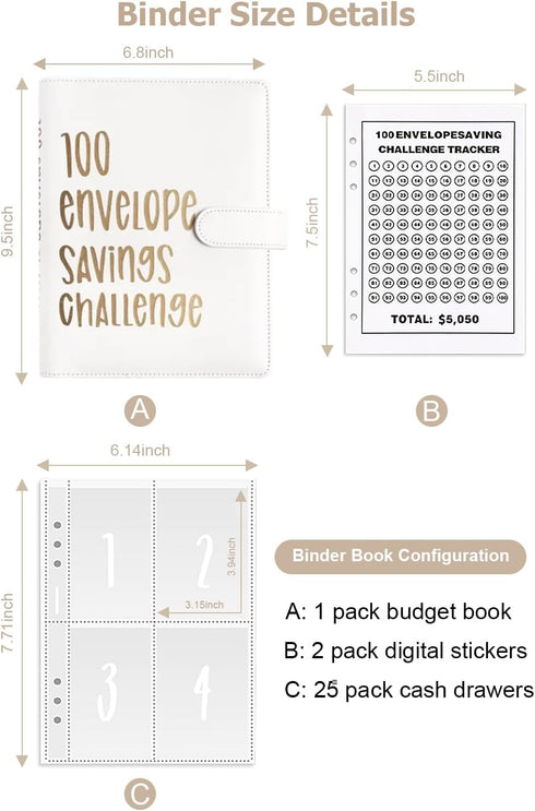 100 Envelopes Money Saving Challenge Budget Binder, 52 Week Money Binder for Cash Saving Budget Book with Pouches White...