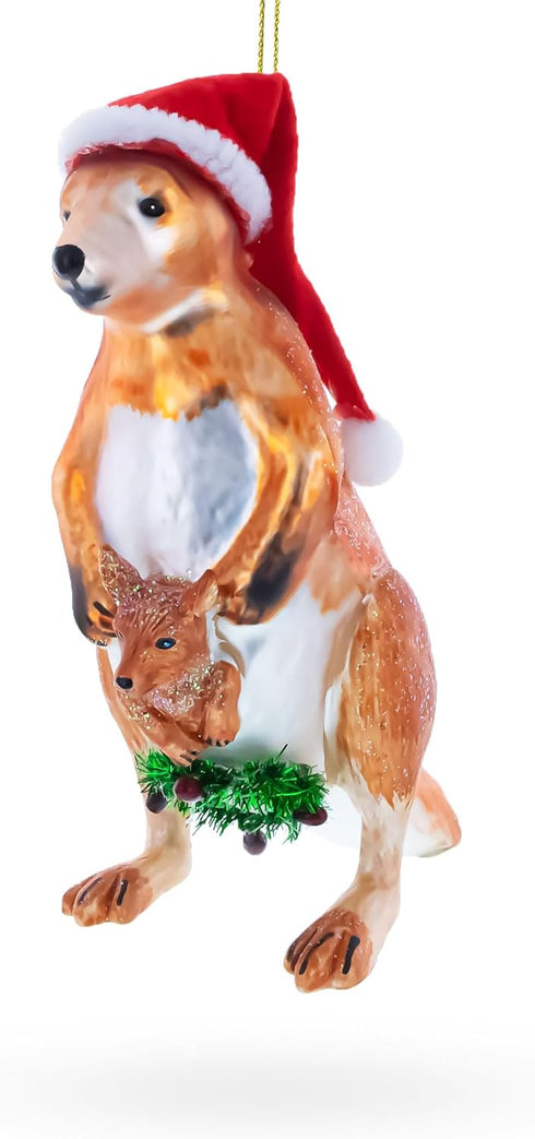 Santa Kangaroo Mom Carrying Baby in Pouch Blown Glass Christmas Ornament...