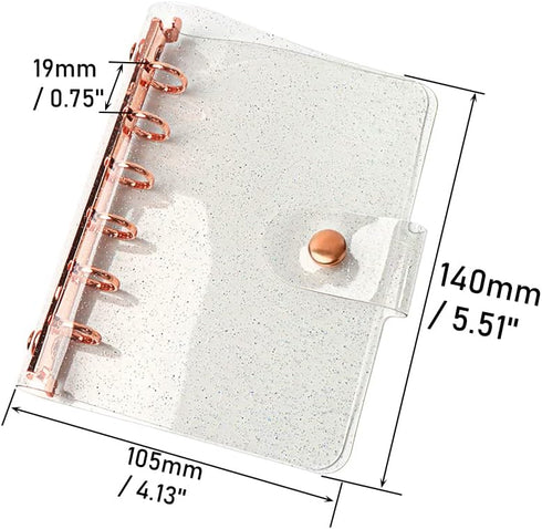A7 Binder Cover Glitter Powder PVC Budget Binder Rose Gold 6 Round Ring Binders Snap Button Closure Loose Leaf Folders Refillable Soft PVC Noteboo...