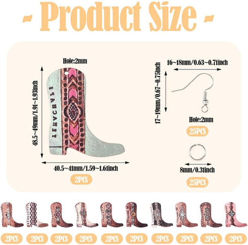 KISSITTY Wood Earring Making Kit 22Pcs Printed Cowboy Boot Wood Pendants Western Cowboy Boot Shape Wood Dangle Charms with 20Pcs Earring Hooks 20P...