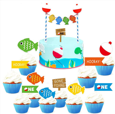 TUKIMA 21 PCS Pastel Blue Fishing Cake Toppers for Birthday & Baby Shower Parties...