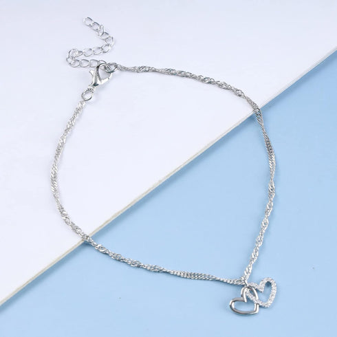 Boho Rhinestone Heart Anklet Bracelet Silver Crystal Heart Anklet Double Love Heart Ankle Bracelet Chain Cz Interlocking Heart Foot Chain Jewelry ...